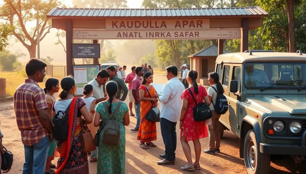 Tourists planning their safari at Kaudulla National Park entrance, Sri Lanka