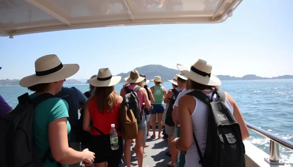 Tourists prepared with proper gear for a day trip to Hell's Gate Island Tourists prepared with proper gear for a day trip to Hell's Gate Island