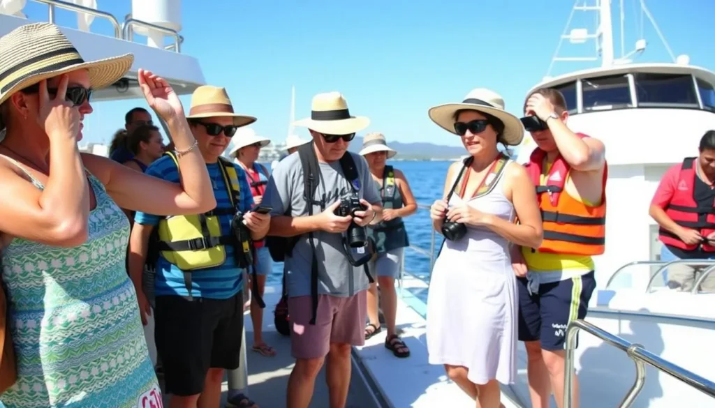 Tourists preparing for a day trip to Isla San Pedro Nolasco with proper gear Tourists preparing for a day trip to Isla San Pedro Nolasco with proper gear