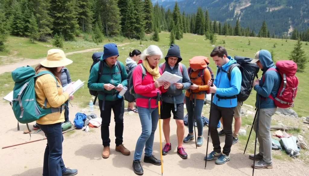 Tourists preparing for a hike with proper equipment in Khvalynsky National Park