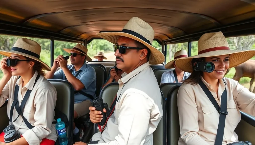 Tourists properly dressed for safari at Kaudulla National Park, Sri Lanka