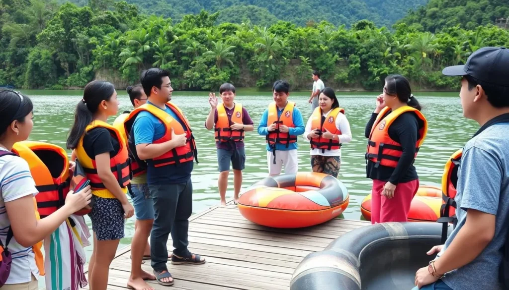 Tourists receiving safety briefing before water activities at Nam Song Reservoir