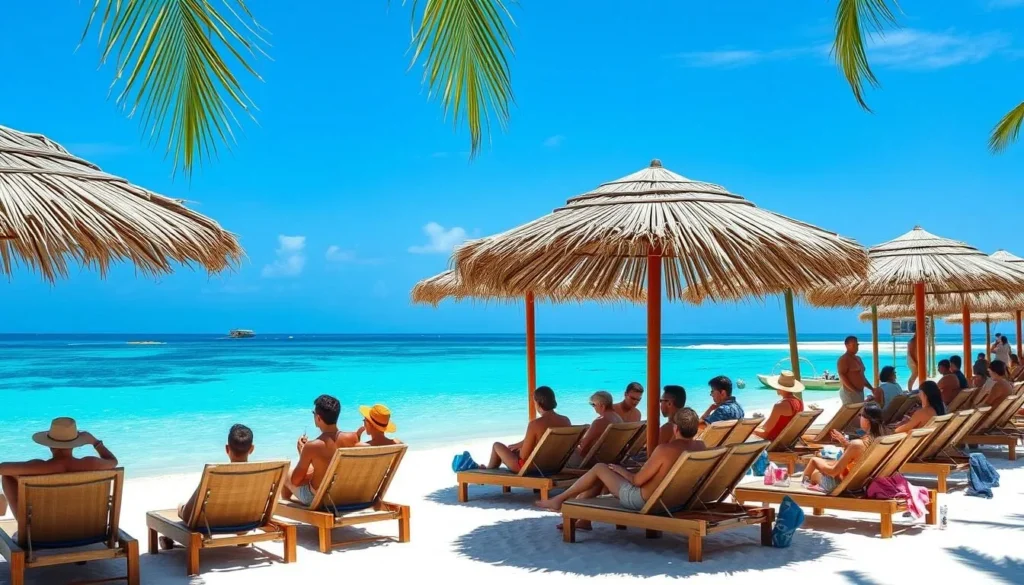 Tourists relaxing on beach chairs at Rosario Islands Colombia