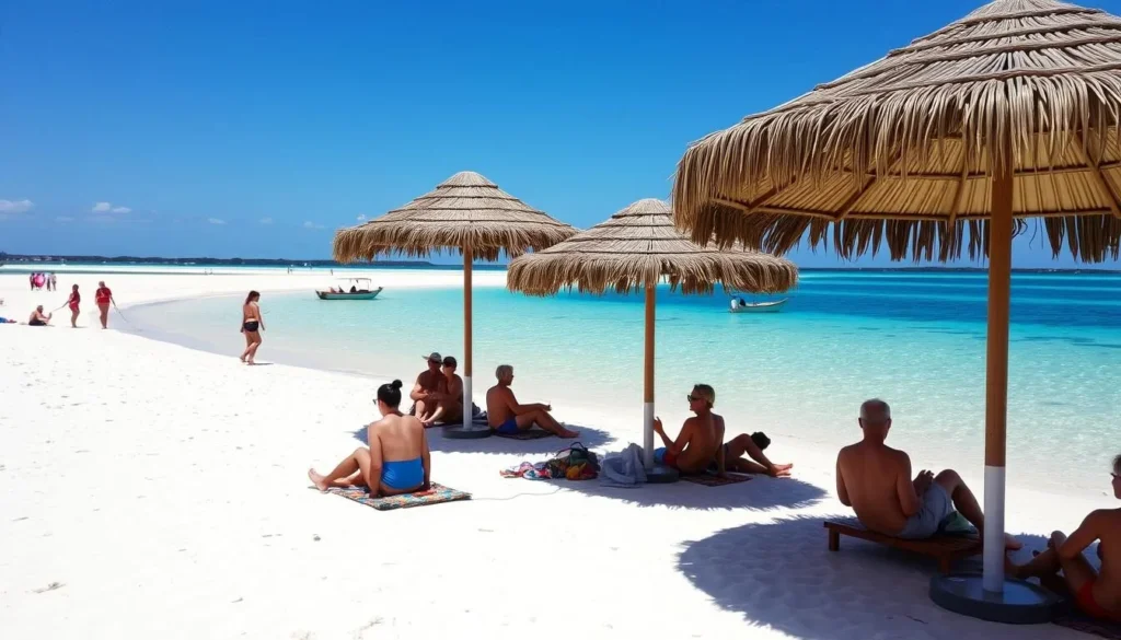 Tourists relaxing on the white sand beaches of Ilha do Amor (Love Island) with the blue waters of Tapajós River Tourists relaxing on the white sand beaches of Ilha do Amor (Love Island) with the blue waters of Tapajós River