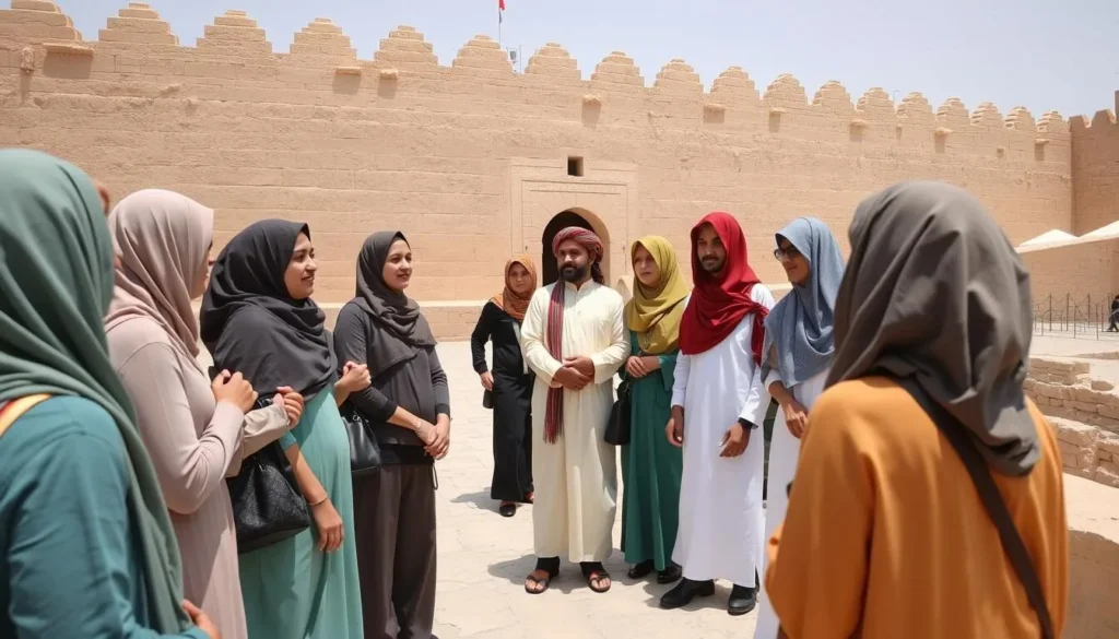 Tourists respectfully dressed exploring Rustaq Fort with a local guide Tourists respectfully dressed exploring Rustaq Fort with a local guide