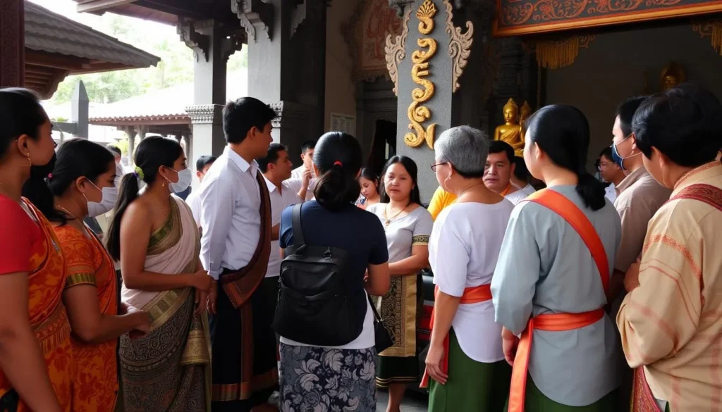 Tourists respectfully dressed in traditional attire for a temple ceremony during Bali Island festivals Indonesia Tourists respectfully dressed in traditional attire for a temple ceremony during Bali Island festivals Indonesia
