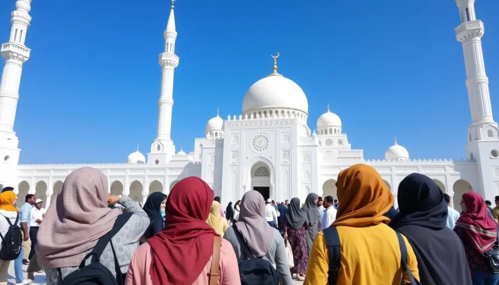 Tourists respectfully dressed visiting Sultan Qaboos Mosque in Khasab