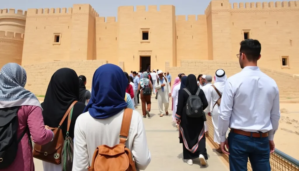 Tourists respectfully dressed visiting Tabuk Castle in Saudi Arabia Tourists respectfully dressed visiting Tabuk Castle in Saudi Arabia