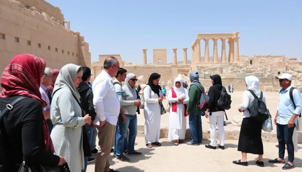 Tourists respectfully dressed visiting Umm Qais archaeological site Tourists respectfully dressed visiting Umm Qais archaeological site