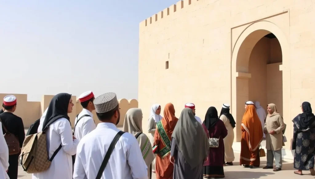 Tourists respectfully dressed visiting a cultural site in Al Amerat Province