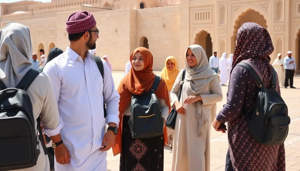 Tourists respectfully dressed visiting a cultural site in Sohar
