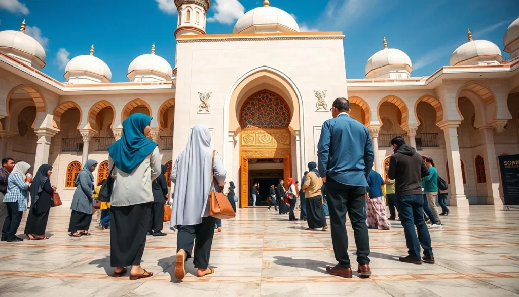 Tourists respectfully dressed visiting the Baiturrahman Grand Mosque in Banda Aceh