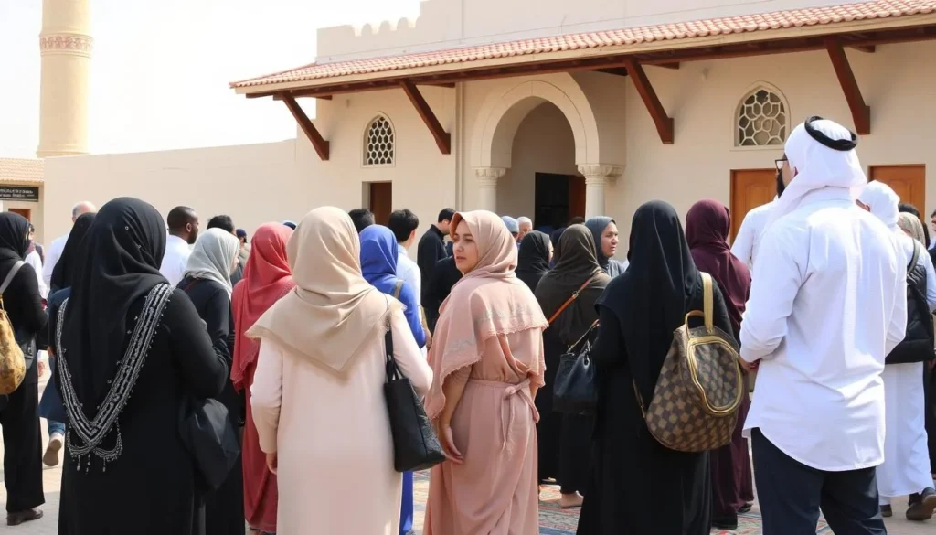 Tourists respectfully dressed while visiting a local mosque in Al-Khaburah, Oman Tourists respectfully dressed while visiting a local mosque in Al-Khaburah, Oman