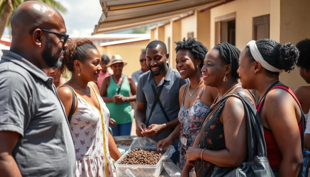 Tourists respectfully interacting with local Barbudan residents
