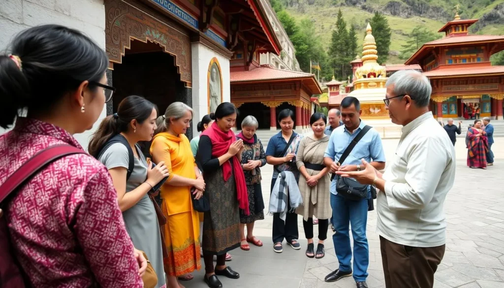 Tourists respectfully observing Buddhist customs at a sacred site in Bhutan