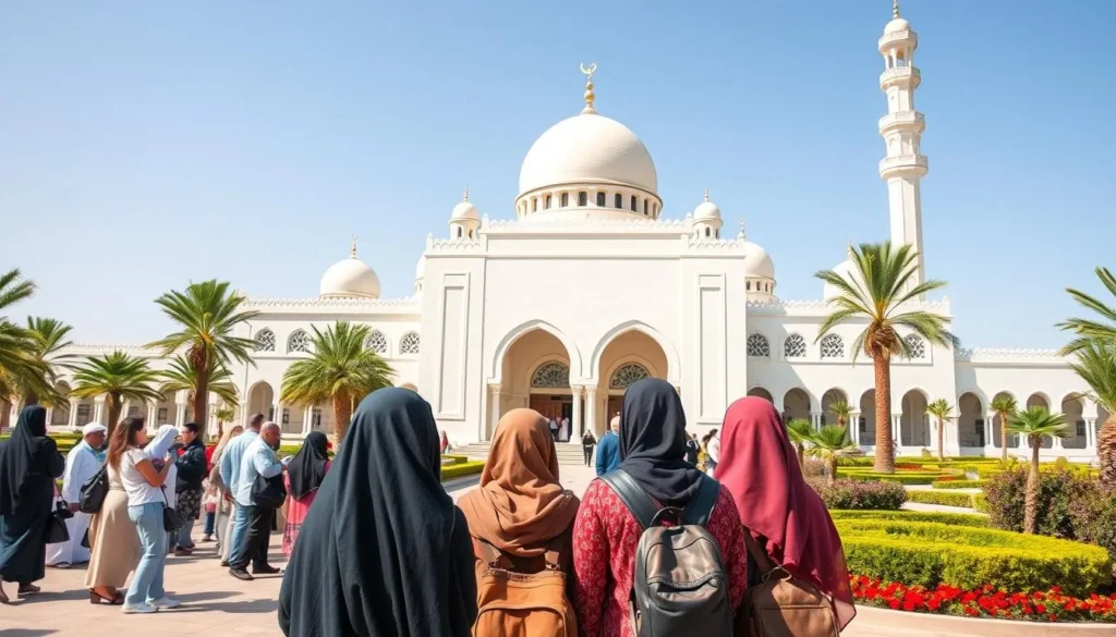 Tourists respectfully visiting the Sharif Al Hussein Bin Ali Mosque in Aqaba, an important cultural site and one of the best things to do in Aqaba Jordan