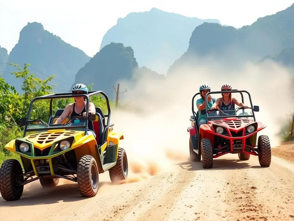 Tourists riding buggies on dusty roads near Vang Vieng, Laos things to do include exploring by ATV