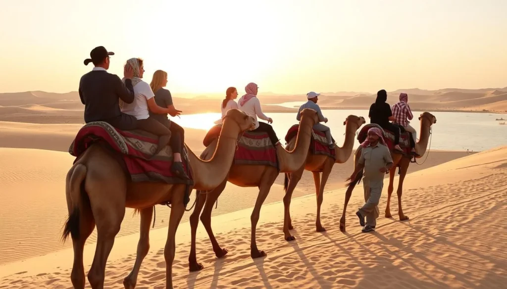 Tourists riding camels along the edge of Khor Al Udaid with sand dunes and water in background