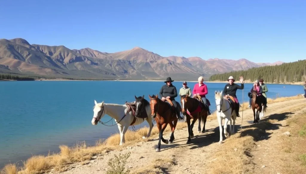 Tourists riding horses along the shore of Lake Khubsugul with mountains in the background