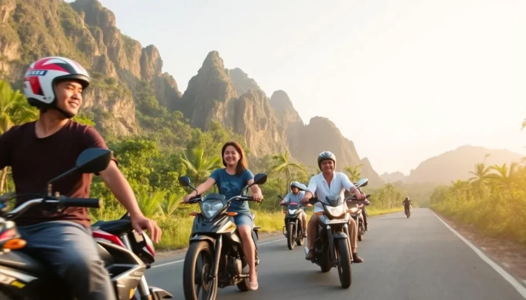 Tourists riding motorbikes on the Thakhek Loop with limestone karsts in background