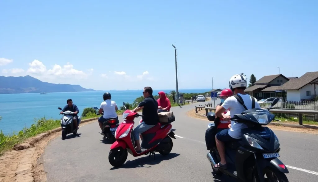 Tourists riding scooters along the scenic coastal road of Samosir Island with Lake Toba views