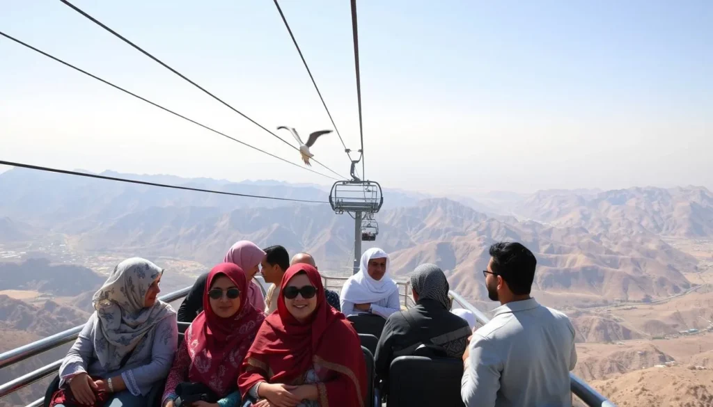 Tourists riding the cable car at Jabal Sawda with panoramic views of Abha's mountains