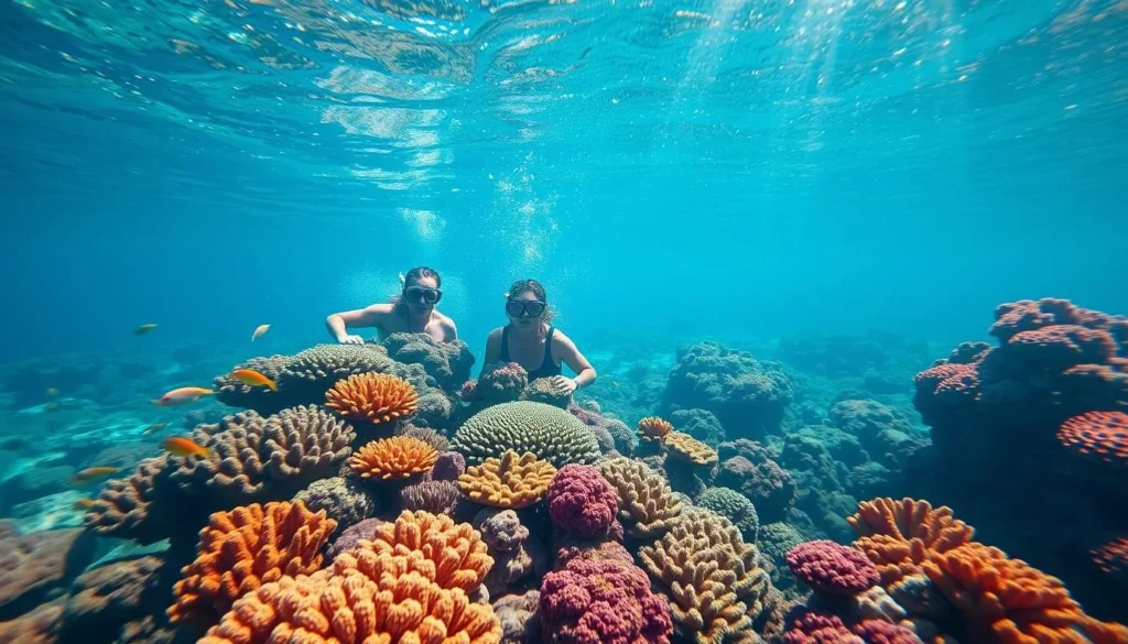 Tourists snorkeling among colorful coral reefs in the clear waters of Funafuti lagoon