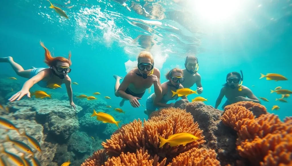 Tourists snorkeling at De Palm Island Aruba's coral reef with colorful tropical fish