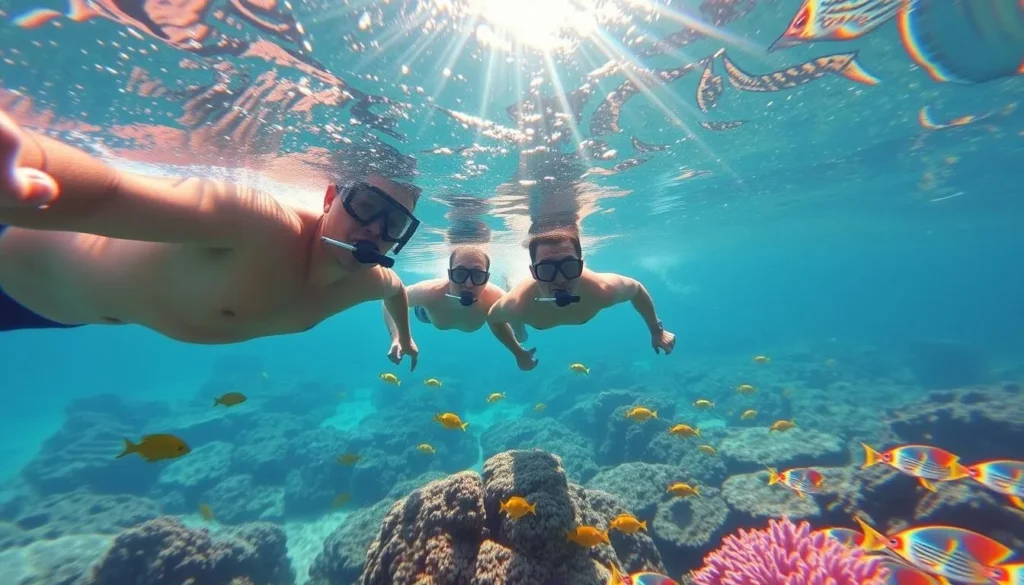 Tourists snorkeling in clear waters of St. Lucia with colorful coral and fish