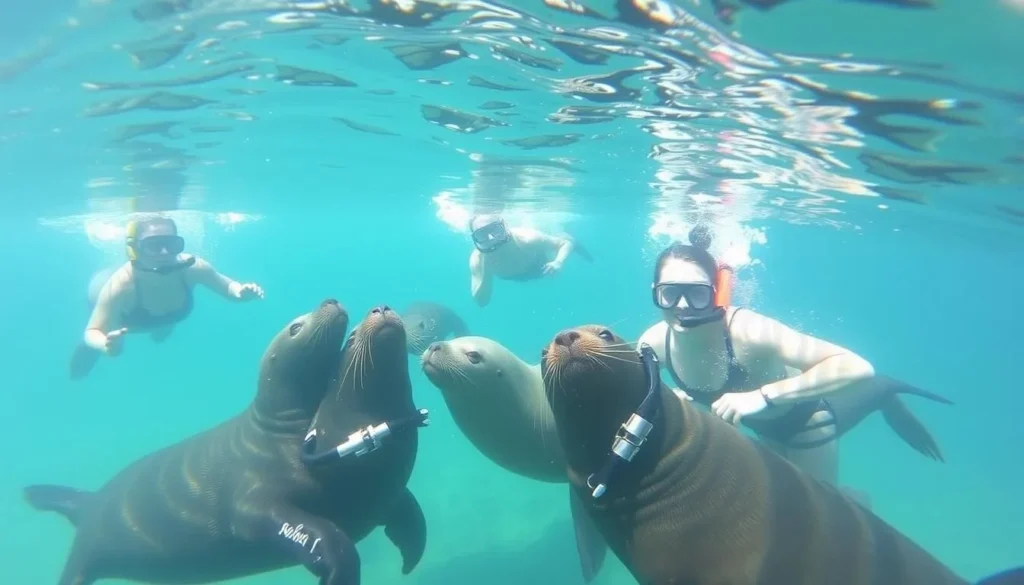 Tourists snorkeling with sea lions at Los Islotes near Espiritu Santo Island, Baja California Sur Tourists snorkeling with sea lions at Los Islotes near Espiritu Santo Island, Baja California Sur