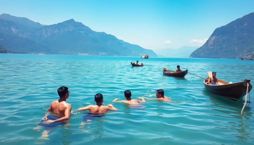 Tourists swimming in the clear waters of Lake Sentani with mountains in the background