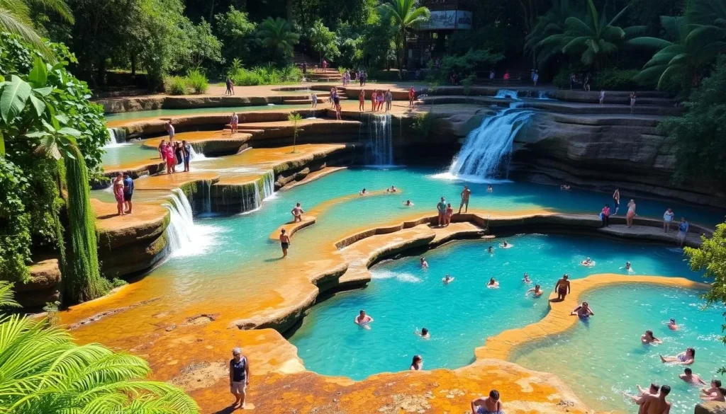 Tourists swimming in the turquoise pools of Agua Azul Cascades near Palenque National Park