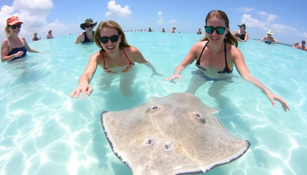 Tourists swimming with stingrays at Stingray City sandbar in Grand Cayman