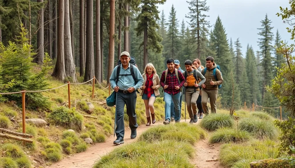 Tourists trekking through a forest trail in Wangchuck Centennial National Park