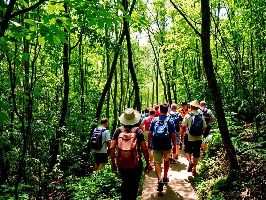 Tourists trekking through the dense forest of Nam Ha National Protected Area
