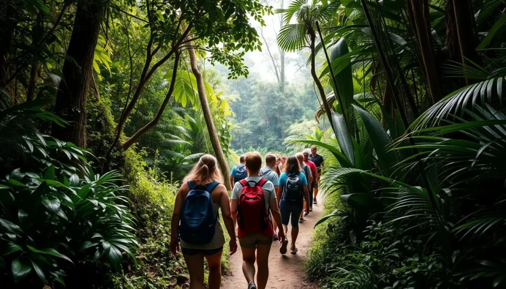 Tourists trekking through the lush rainforest trails of Tesso Nilo National Park
