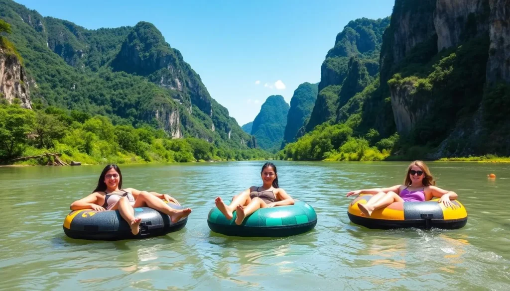 Tourists tubing down the Nam Song River surrounded by karst mountains, a classic Vang Vieng, Laos things to do activity