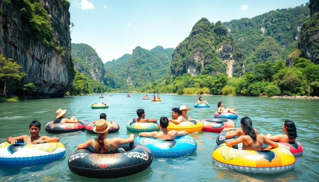 Tourists tubing on Nam Song River with limestone cliffs in background