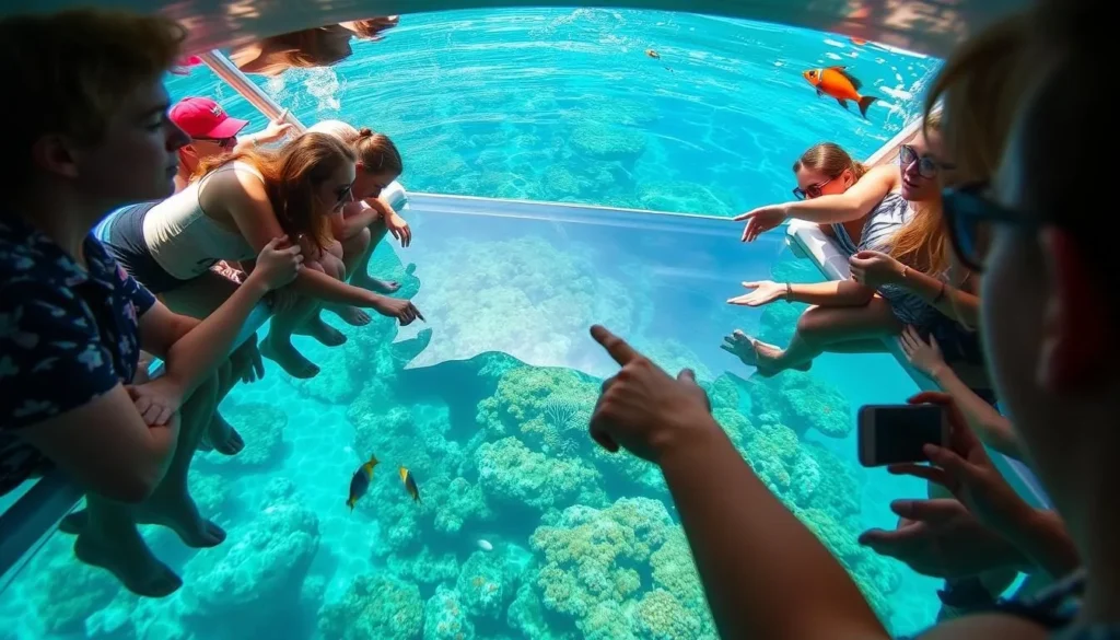 Tourists viewing coral and fish through a glass bottom boat at Lady Musgrave Island
