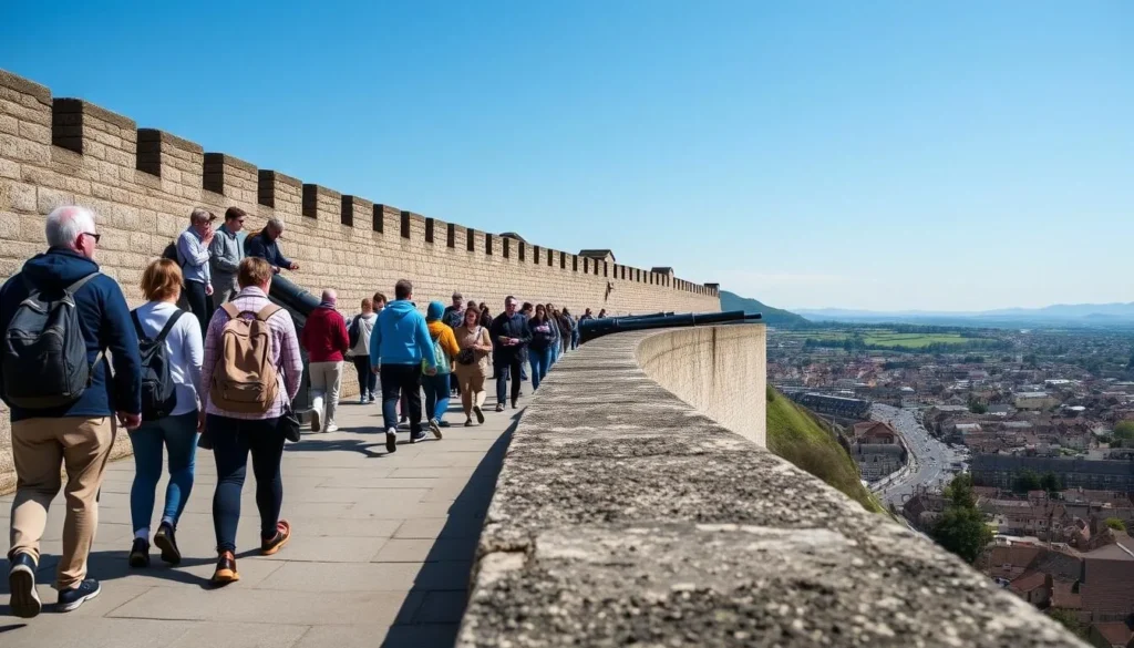 Tourists walking along Derry's historic city walls with cannons and views of the city