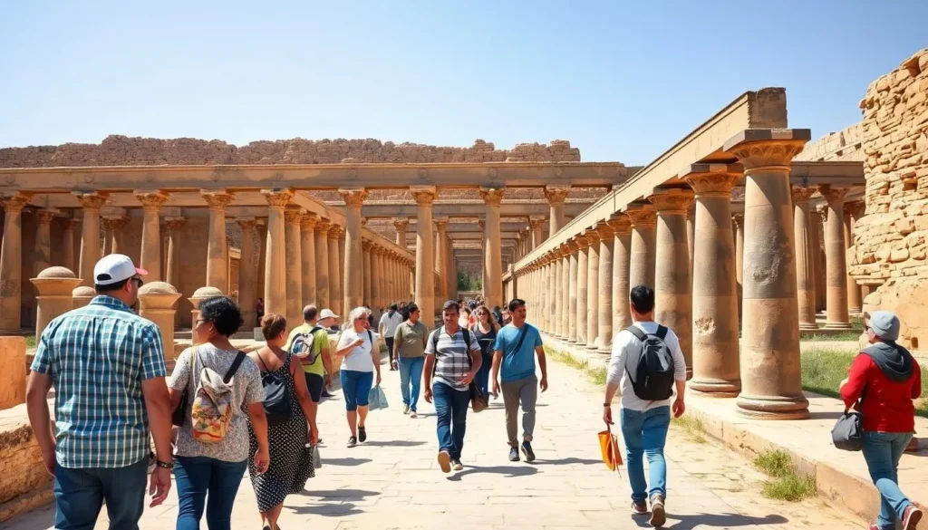Tourists walking along the ancient colonnaded street in Umm Qais with black basalt columns Tourists walking along the ancient colonnaded street in Umm Qais with black basalt columns