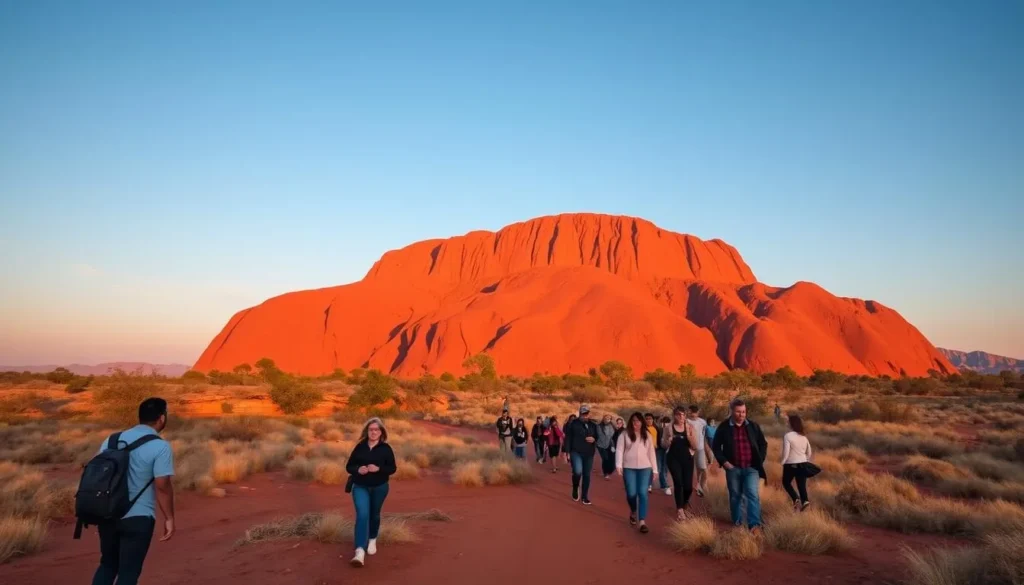 Tourists walking around the base of Uluru during the cooler morning hours