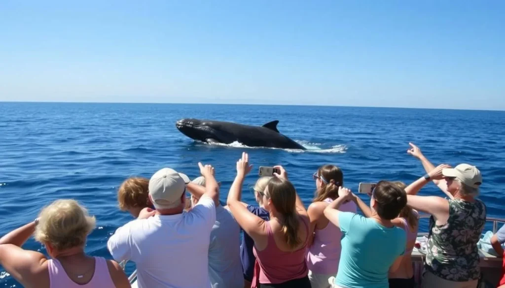 Tourists watching humpback whales from a boat in Hervey Bay during whale season Tourists watching humpback whales from a boat in Hervey Bay during whale season
