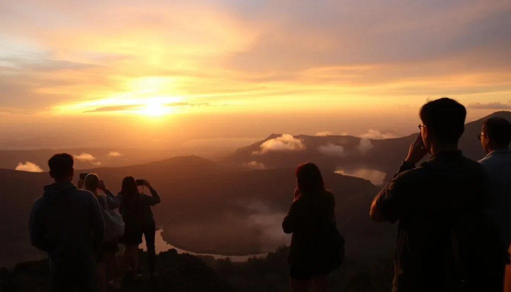 Tourists watching sunrise from Kelimutu viewpoint with colorful lakes visible below and dramatic sky