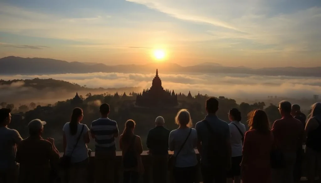 Tourists watching sunrise from Setumbu Hill with Borobudur in distance, Magelang, Indonesia things to do