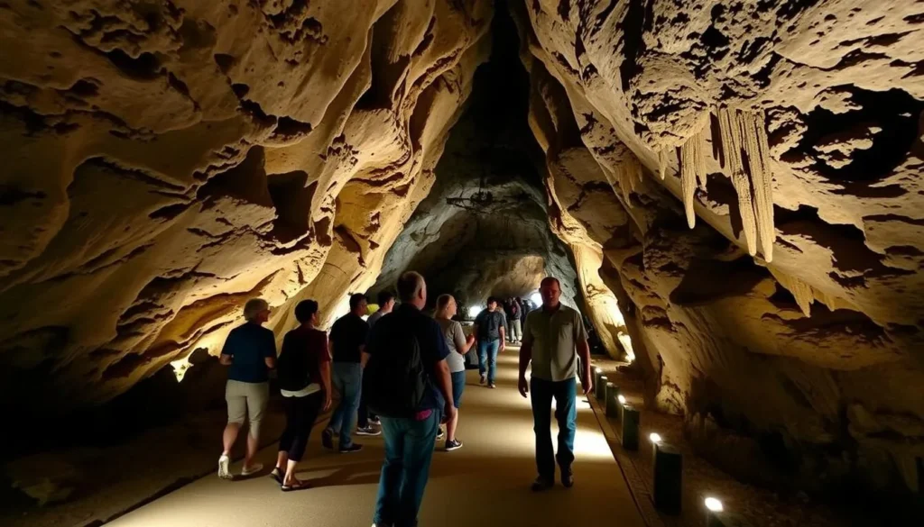 Tourists with a guide exploring the illuminated pathways inside Grutas de Cacahuamilpa caves