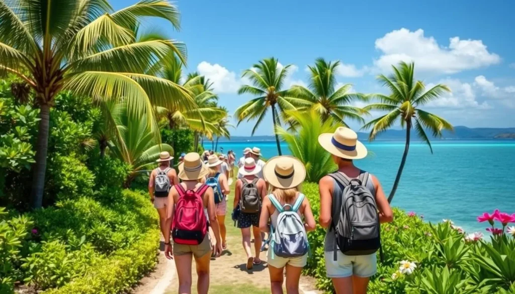 Tourists with day packs exploring Water Island's tropical landscape