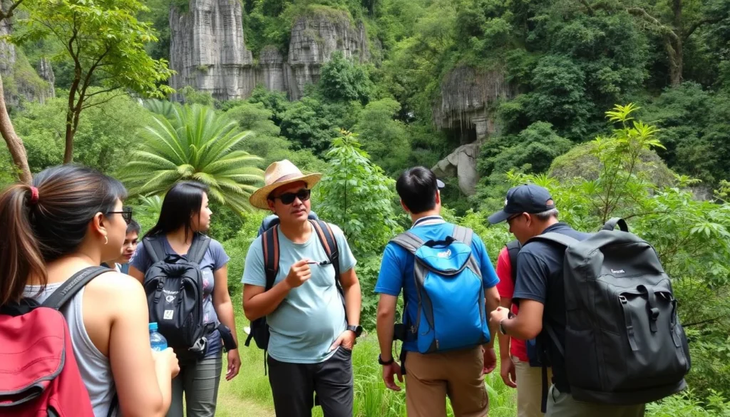 Tourists with local guide exploring trails in Phou Hin Poun National Protected Area
