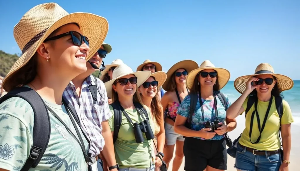 Tourists with proper gear (hats, UV shirts, binoculars) enjoying Isla Contoy