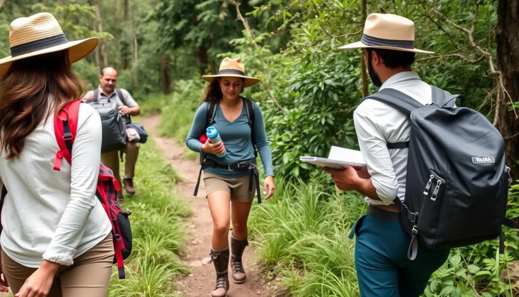 Tourists with proper hiking gear exploring a trail in La Mensura - Pilotos National Park